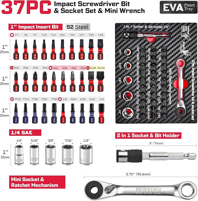 37Pieces Impact Screwdriver Bit & Socket Set with Mini Ratcheting Wrench, 30Pcs Impact S2 Screwdriver Bits Set, 5Pcs SAE Sockets and 2-In-1 Bit Extension Holder Repair Tools