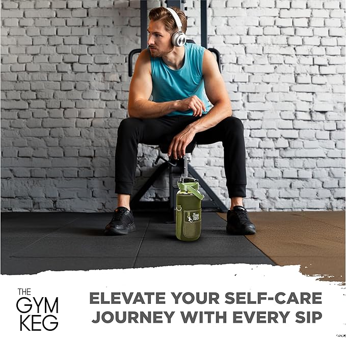 THE GYM KEG Water Bottle with Carrier - Sweat-Proof and Durable Silicon Bottle with Neoprene Sleeve - 74 oz Capacity - Hands-Free Storage Pockets - Water Bottle with Sleeve and Strap - Forest Green