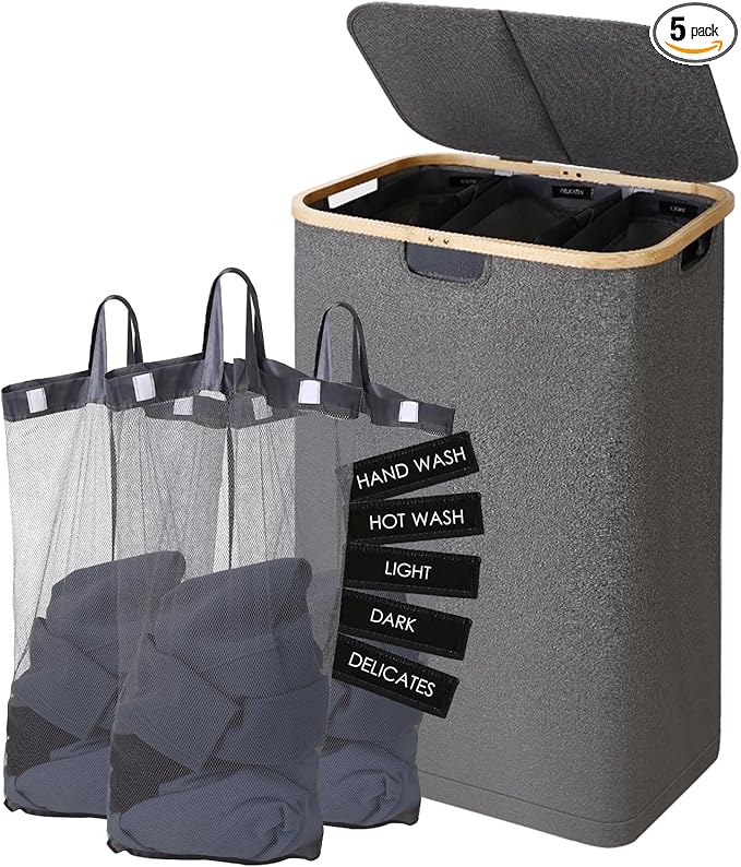 160L Laundry Sorter Hamper with Lid, 3 Section Extra Large Dirty Clothes Basket with Handles, 3 Removable Liner Bags & Labels, Gray