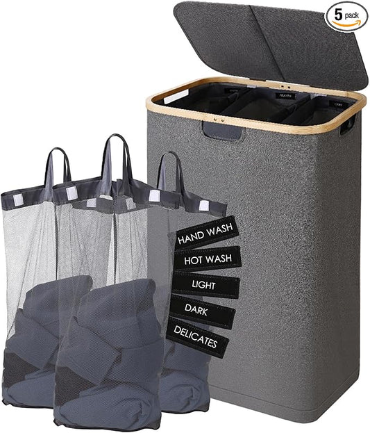 160L Laundry Sorter Hamper with Lid, 3 Section Extra Large Dirty Clothes Basket with Handles, 3 Removable Liner Bags & Labels, Gray