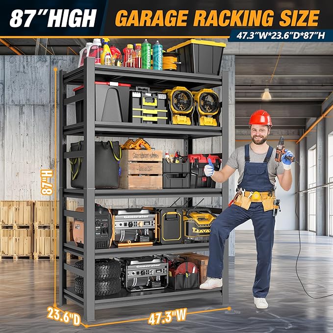 Heavy Duty Commercial Metal Garage Shelving Rack,Adjustable Industrial Steel Storage Shelves for Warehouse, Garage, Basement, 87" H x 47.2" W x 23.6" D, Black