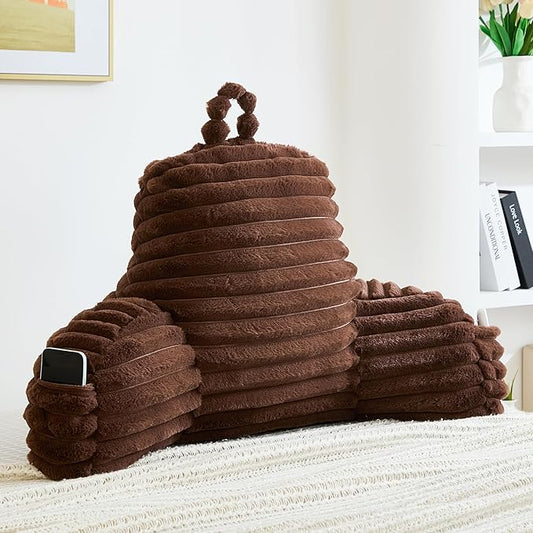 Faux Fur Fluffy Coffee Reading Pillow with Pockets, Luxury Striped Plush Decorative, Arm Rests and Back Surport for Bed Rest, Lounging on Sofa, Standard