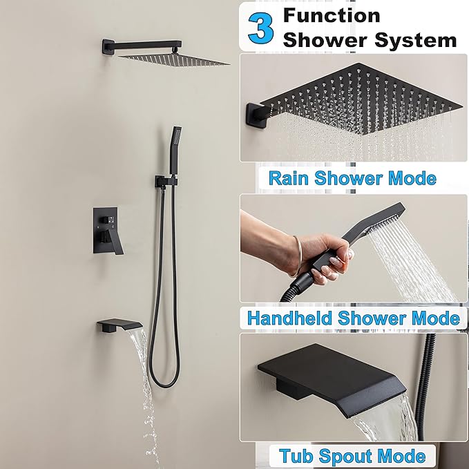 10 Inch Shower Faucet Set with Tub Spout Wall Mounted Shower System for Bathroom with High Pressure 10 Inch Rain Shower head and Handheld Shower Head Set, Matte Black
