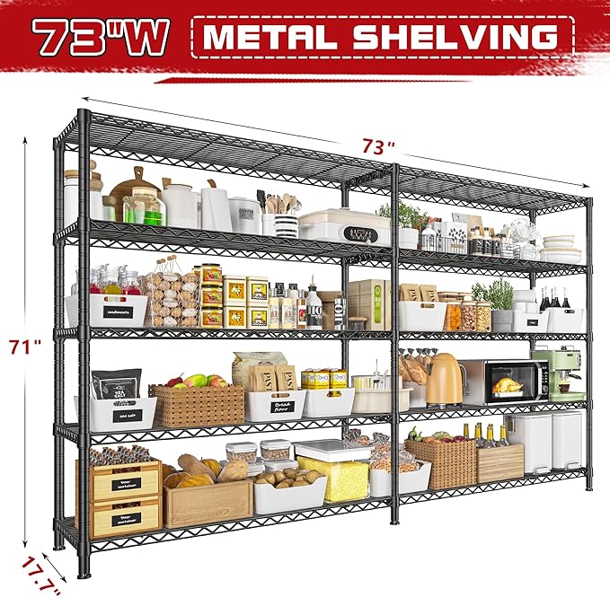 REIBII 73''W Storage Shelves Load 1650 LBS Metal Shelving 5-Tier Wire Shelving Unit for Storage Rack Adjustable Heavy Duty Metal Shelves for Pantry Kitchen Garage, 17.7" D x 73" W x 71" H，2PCS