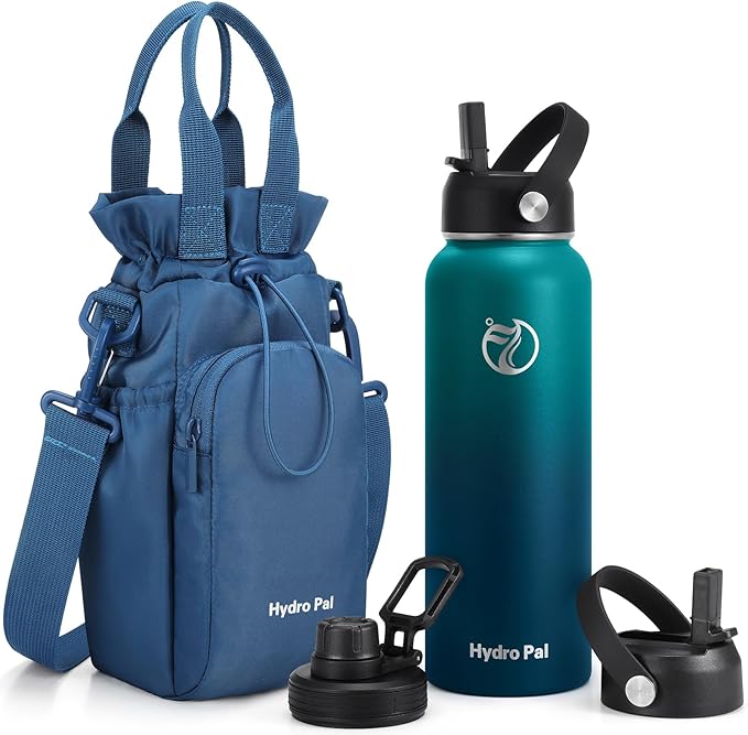 Insulated Water Bottles 40 oz with 2 Leak Proof Lids & Water Bottle Holder, Wide Mouth Sport Water Bottle with Straw, Reusable Stainless Steel Water Flask, Double Walled Vacuum Thermos