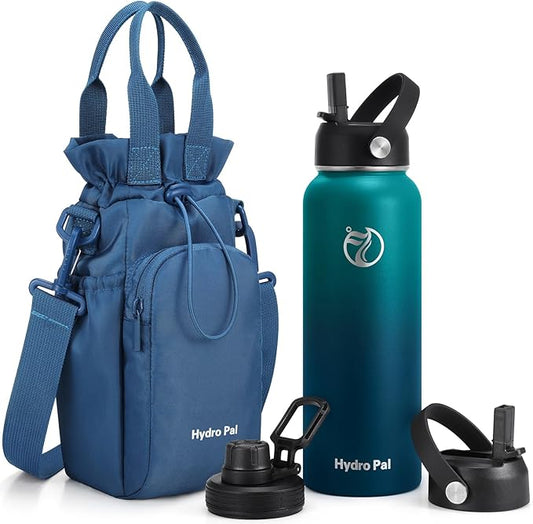 Insulated Water Bottles 40 oz with 2 Leak Proof Lids & Water Bottle Holder, Wide Mouth Sport Water Bottle with Straw, Reusable Stainless Steel Water Flask, Double Walled Vacuum Thermos