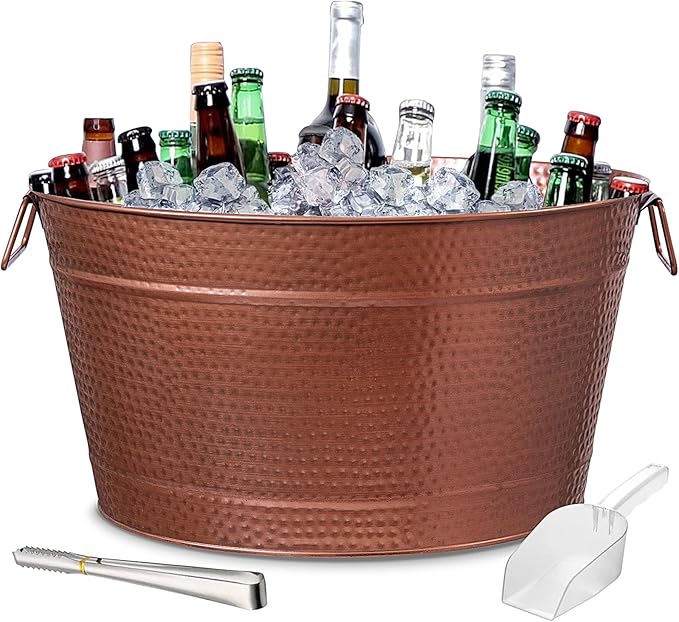Large Ice Buckets with Handles for Parties, IKAYAS Beverage Tub Rose Copper Stainless-Steel Ice Tub with Scoop and Tongs for Cocktail Bar Mimosa Bar Supplies