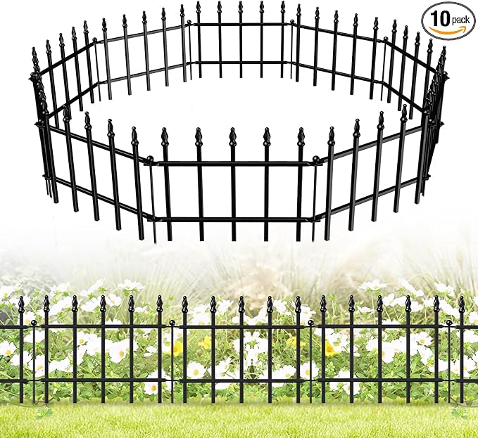 Decorative Metal Garden Fence 11in H x 12ft L, Small Border Fence Roman Column Deco, Garden Fencing for Flower Bed Lawn Landscape Outdoor, 10 Panels + 11 Stakes Black
