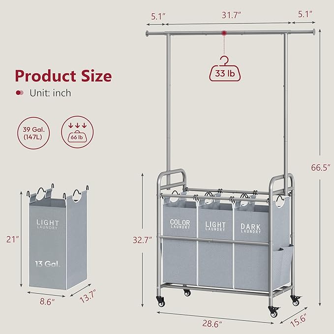 Tajsoon Laundry Sorter with Hanging Bar, 3 Section Rolling Laundry Hamper with Heavy Duty Lockable Wheels, Laundry Basket with Hanging Rack for Bedroom, 3 Gray