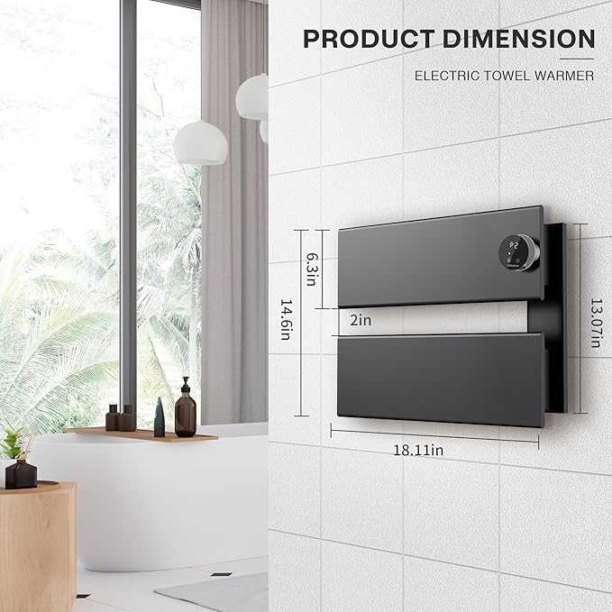 K&KALONZO Electric Towel Warmer, 18.35" W x 14.6" H Wall-Mounted Towel Heater with Built-in Timer, Waterproof Aluminum Towel Warmer for Bathroom, Support Plug-in and Hardwired, Black, K2-R-B