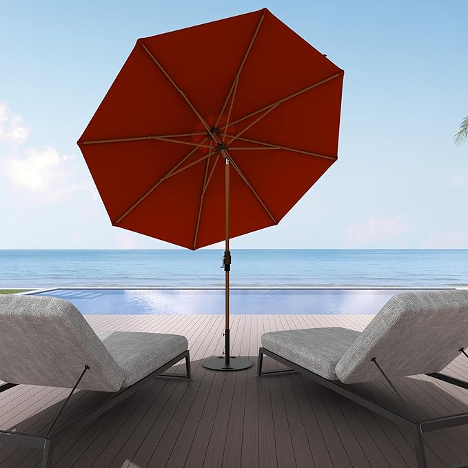 Midtown Umbrellas Sunbrella Umbrella Outdoor Patio Umbrella 2-8 Feet in Sunbrella Red Acrylic Fabric - Auto-Tilt Aluminum Frame For Backyard Umbrella, Deck Umbrella & Porch Umbrella - Wooden Pole