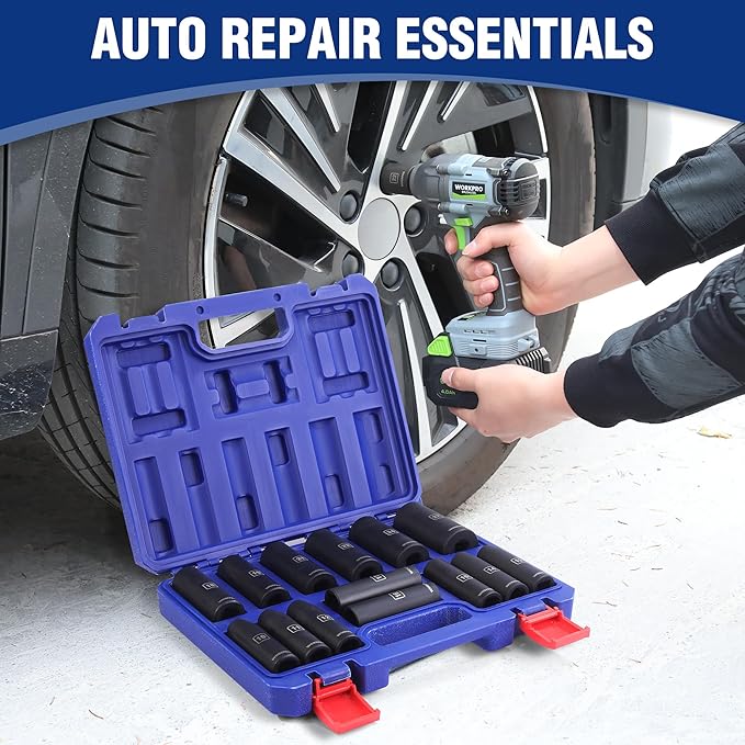 WORKPRO 14-Piece 1/2＂ Drive Deep Impact Socket Set, 6-Point Impact Deep Socket Set with Heavy Duty Storage Case for Automotive and Mechanical Repairs, 10mm-27mm, Cr-V Steel, Metric