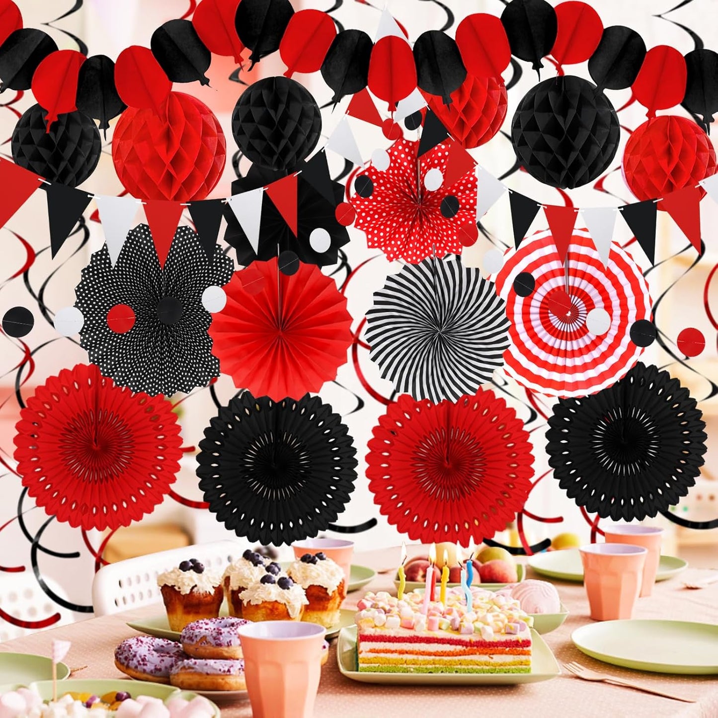 Black Red Party Decorations, Easy Assembly Paper Fan Honeycomb Ball Garland Hanging Swirl Graduation Party Supplies for Boy Girl Women Birthday Congrats Grad Party Decorations