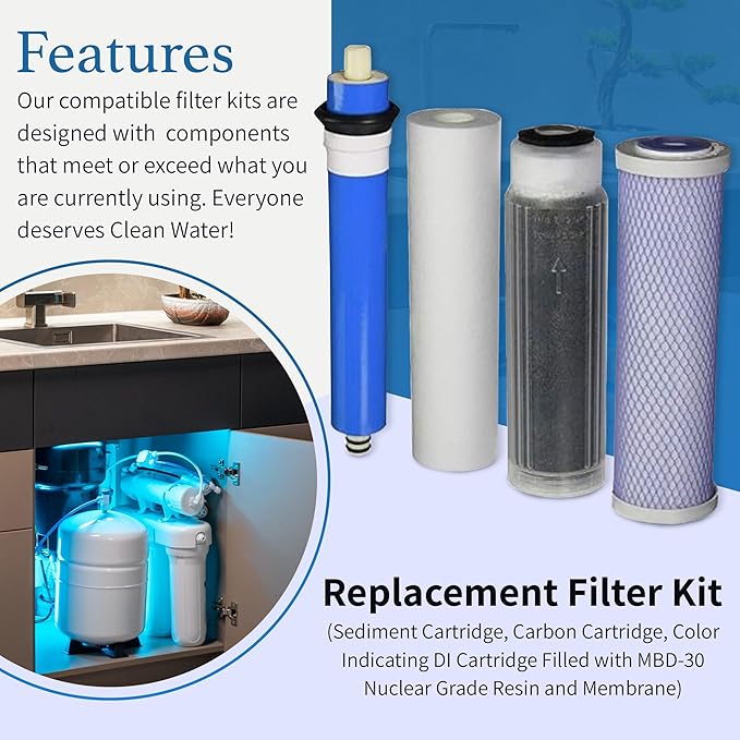 Reverse Osmosis Deionization (RODI) 10" Replacement Filter Kit (Sediment Cartridge, Carbon Cartridge, Color Indicating DI Cartridge Filled with MBD-30 Nuclear Grade Resin and 50 GPD Membrane) by CFS