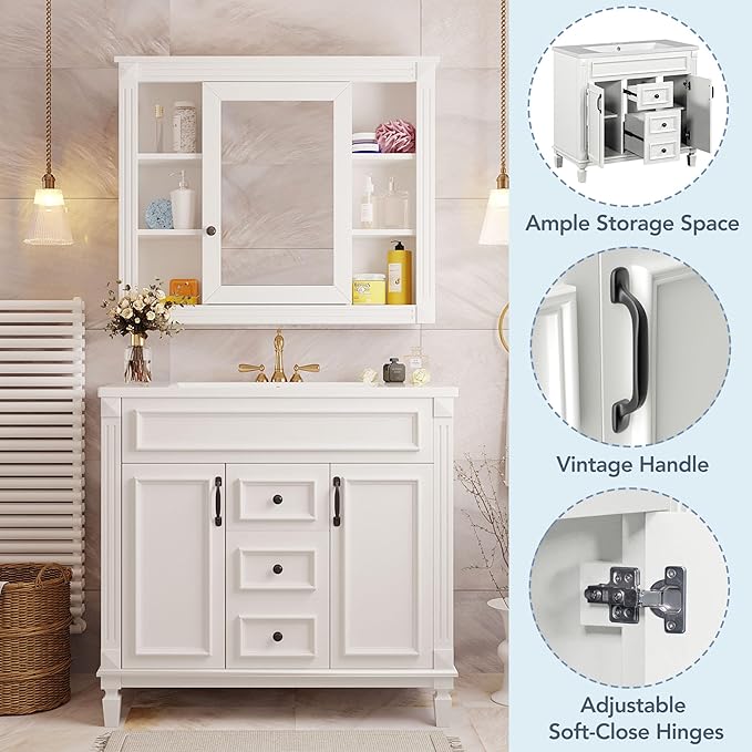 Merax 36" Bathroom Vanity with Sink, 36 inch Bathroom Vanity Storage Cabinet with Matching Mirror Medicine Cabinet, Ceramic Sink Top, Solid Wood Frame, Painted Finish (White)