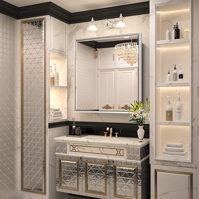 Keonjinn 30 x 32 Inch Silver Bathroom Medicine Cabinets with Mirror Aluminum Alloy Frame with Beveled Edges Recessed or Surface Wall-Mounted Metal Framed Medicine Cabinet for Bathroom Vanity