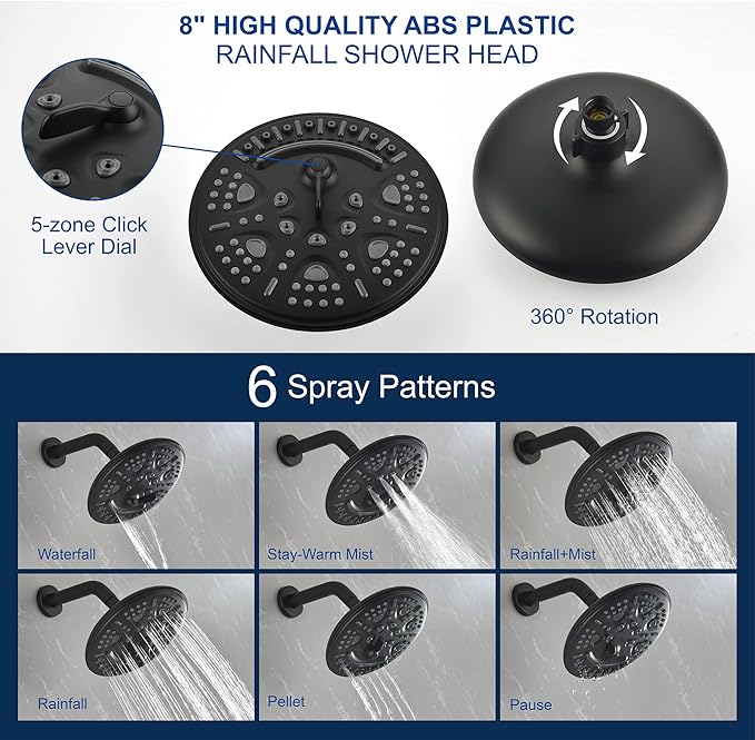SHAMANDA Luxury Tub Shower Faucet Set with Round-in Valve, Wall Mounted Shower System with Waterfall Tub Spout and 6-Setting Rain Shower Head with 9-Setting Handheld, Matte Black, L8083-7