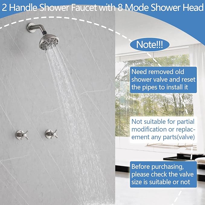 2 Handle Shower Faucet,Wall Mounted Two Handles Shower Faucet Set with 8 Modes Rainfall Shower Head,2 Knobs Single Function Shower Trim Kit with Rough-in Valve,Brushed Nickel