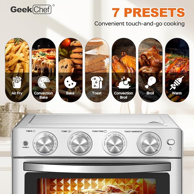 Geek Chef Air Fryer Oven 26 QT, Big Air Fryer, Toast Oven with Bake, Roast, Pizza, Convection Oven, Easy to Use & Clean, 6 Slice Toast, Stainless Steel