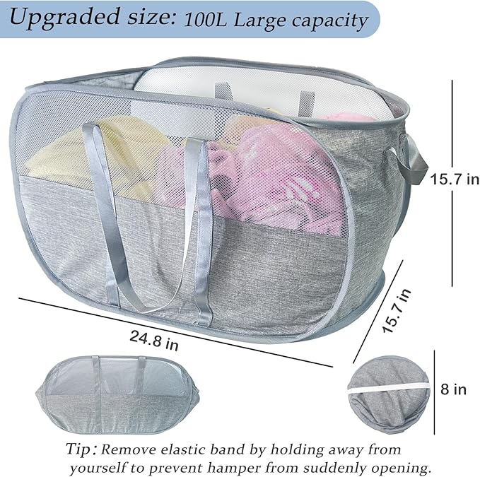Upgraded 100L Extra Large Mesh Pop Up Laundry Hamper, Dirty Clothes Hamper with Reinforced Handles, Pop-up Hampers for Laundry Travel. Dorm or Home Portable Laundry Basket. Grey