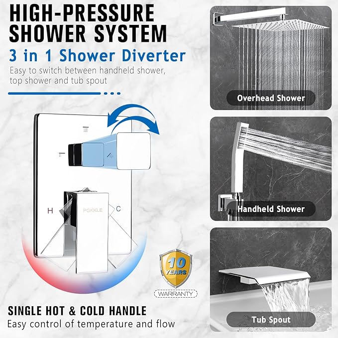 12 Inch Rainfall Shower System with Tub Spout Wall Mounted Complete Combo with Solid Brass Pressure Balancing Valve, High Pressure Shower Head, Handle Set & Installation Accessories Chrome