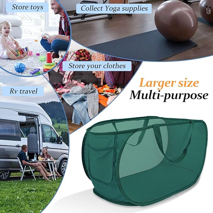 100L Foldable Laundry Baskets 2 Pack, Extra Large Mesh Pop Up Laundry Hamper, Dirty Clothes Hamper with Handles, Pop-up Hampers for Laundry Travel. Dorm or Home Portable Clothes Baskets.Green 2H