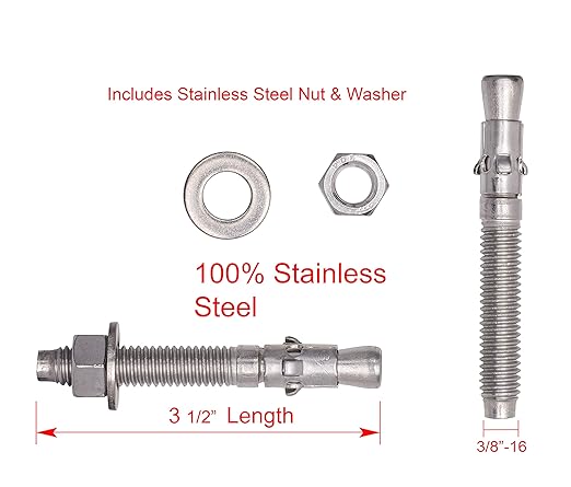 Bolt Dropper 1/2" x 3-3/4" Wedge Anchor (5 Pack), 18-8 (304) Stainless Steel Corrosion Resistance Commercial Grade Washers and Nuts Included