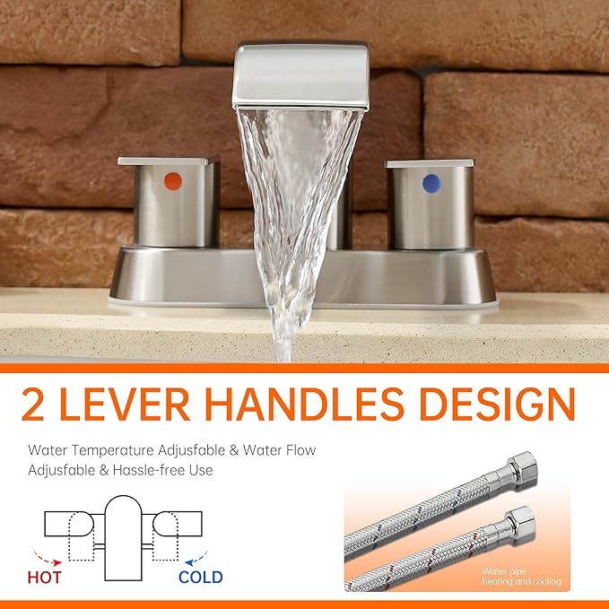 Waterfall Bathroom Sink Faucet 4 Inch Brushed Nickel Faucet Bathroom with Pop Up Drain 2 or 3 Holes Bathrooms Basin Lavatory Mixer Tap with Deck Mount Plate