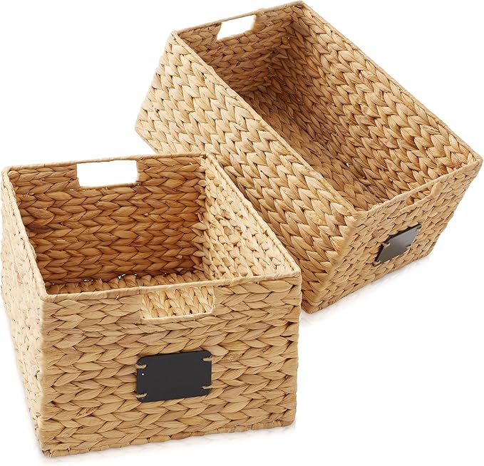 Casafield Set of 2 Water Hyacinth Pantry Baskets, 12-1/2" x 17" x 8", with Chalkboard Labels and Chalk Marker - Natural, Woven Storage Bin Organizers for Kitchen Shelves