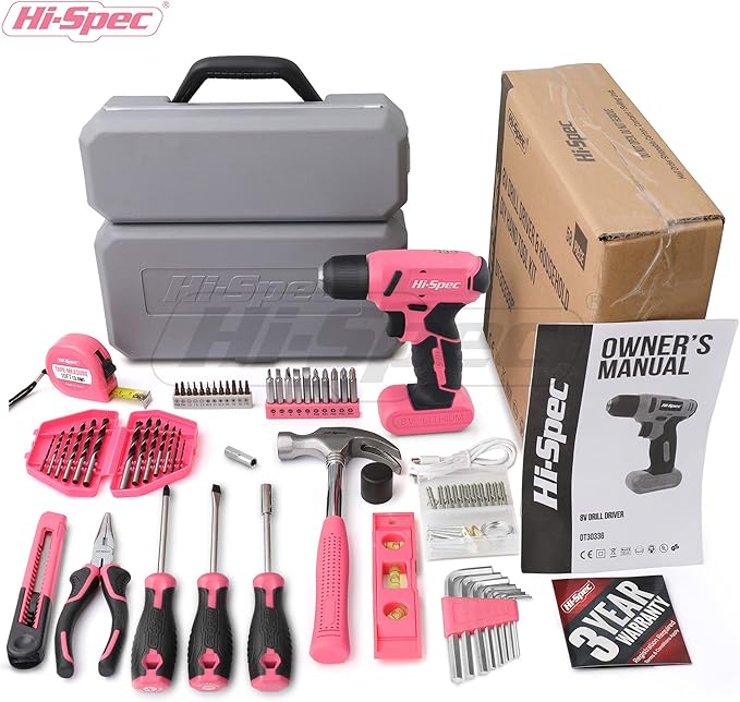 Hi-Spec 58pc Pink 8V USB Electric Power Cordless Drill Driver and Womens Ladies Home DIY Tool Kit Set. Screwdrivers, Drill Bit Set Accessories, Pliers and Hammer In a Toolbox Case