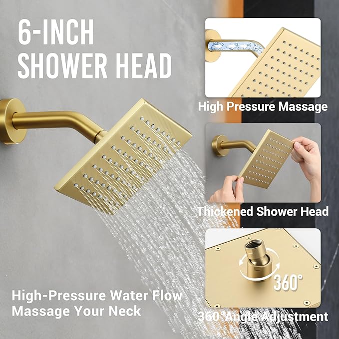 Brushed Gold Thermostatic Shower System with Ceiling 12-Inch Rainfall Shower & Wall Mount 6-Inch High Pressure Shower Head, Dual Shower Heads Set with Handheld Sprayer Full Body Shower Faucet
