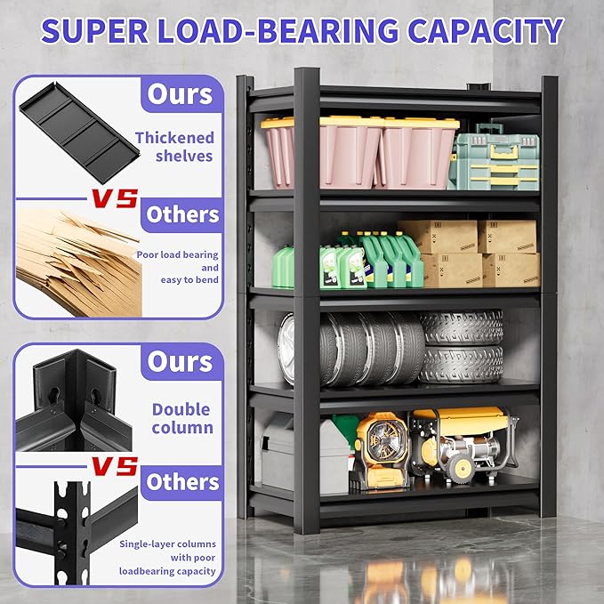5-Tier Heavy Duty Metal Garage Shelving Unit, 24" D x 48" W x 72" H, Industrial Style, Adjustable Shelves, 3000 lbs Capacity