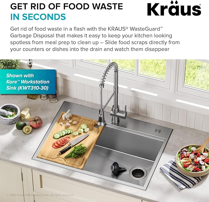 KRAUS WasteGuard 1 HP Ultra-Quiet Garbage Disposal with Quick Connect, Kitchen Sink Drain Cover, Power Cord and Flange Included, KWD100-100MBL