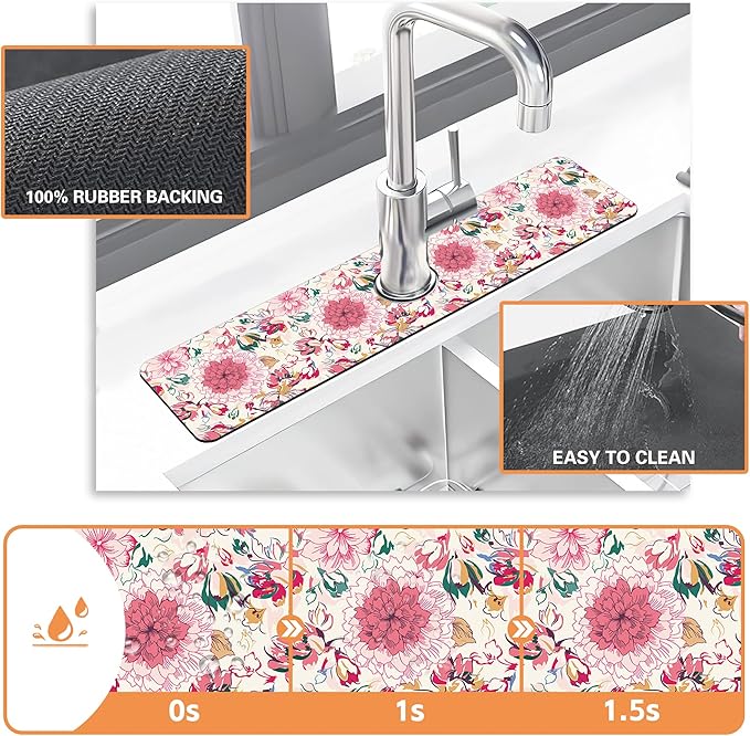 Kitchen Faucet Mat Artistic Floral Kitchen Sink Splash Guard Faucet Mat,1 PC Splash Guard Behind Faucet Drip Catcher for Kitchen,Sink Mat,Dish Drying Mat,Bathroom Faucet Mat 23.5""X5.5""