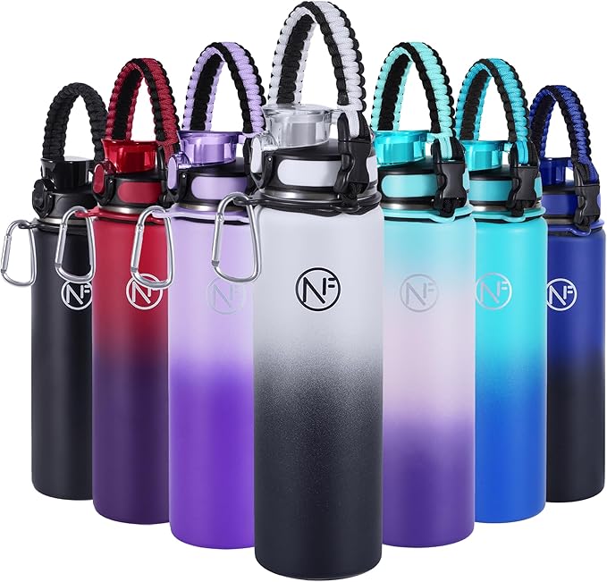 32 oz Insulated Water Bottle With Detachable Straw & Paracord Handle, Stainless Steel Thermos Water Bottle with Leakproof Lockable Lid, BPA-Free Sports Bottle (White Black Gradient)