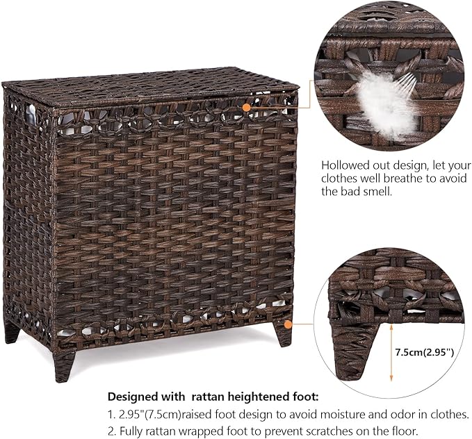 Laundry Hamper with 3 Removable Liner Bags; 132L Handwoven Rattan Laundry Basket with Lid & Heightened Feet; Clothes Hamper with Side Handles; Laundry Sorter with 3 Separate Sections (Brown)