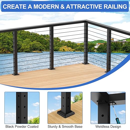 35" Stainless Steel Corner Cable Railing Post 2 Pack, Black Top Mount Corner Line Post with Grommets for Deck Railing Systems, Indoor & Outdoor Use, MY08-C