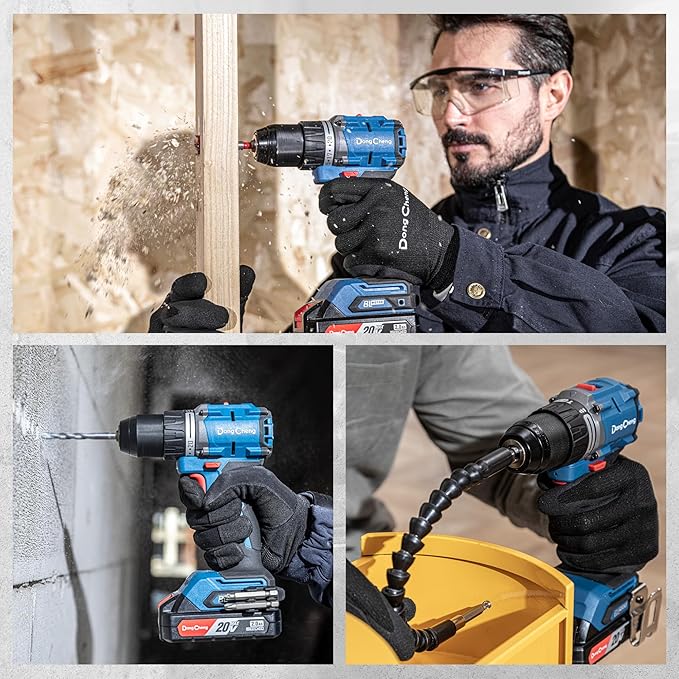 Dong Cheng 20V Brushless Heavy-duty Impact Drill, 531in-lbs, 1/2" Keyless Metal Chuck, 20+1+1 Clutch, Cordless Hammer Drill with 2 * 2.0Ah Battery Kit for Drilling Brick Wall, Metal, Wood