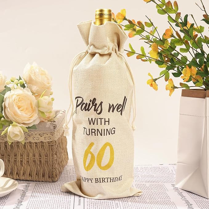 Happy Birthday Wine Bag Gifts - 60th Birthday Gift Ideas Funny Birthday Wine Bag Birthday Gift Drawstring Burlap Wine Bottle Bag for Women Men 60th Birthday Gifts