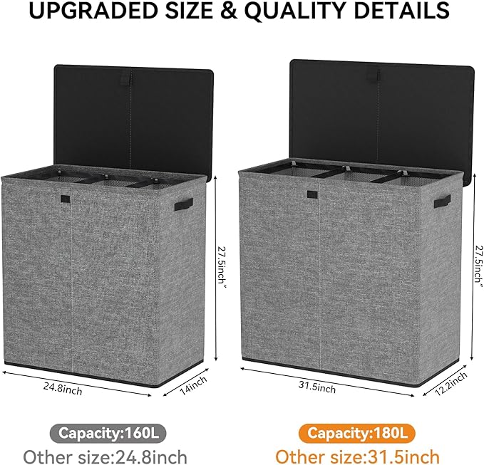 WOWLIVE Laundry Hamper with Lid,180L Large Laundry Basket 3 Section with Removable Washing Bags,Collapsible Waterproof Dirty Clothes Hamper for Laundry Room Bathroom Dorm,Gray