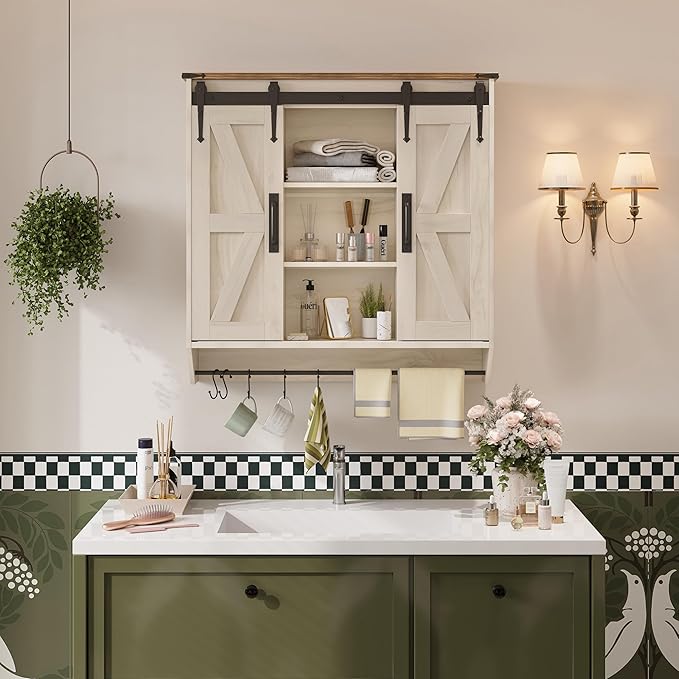 Farmhouse Medicine Cabinet 2 Sliding Barn Doors 3 Tier Rustic Wood Wall Storage Cabinet Adjustable Shelf Towel Bar Wall Mounted Bathroom Wall Cabinet (Antique White, 30.71 Inch)