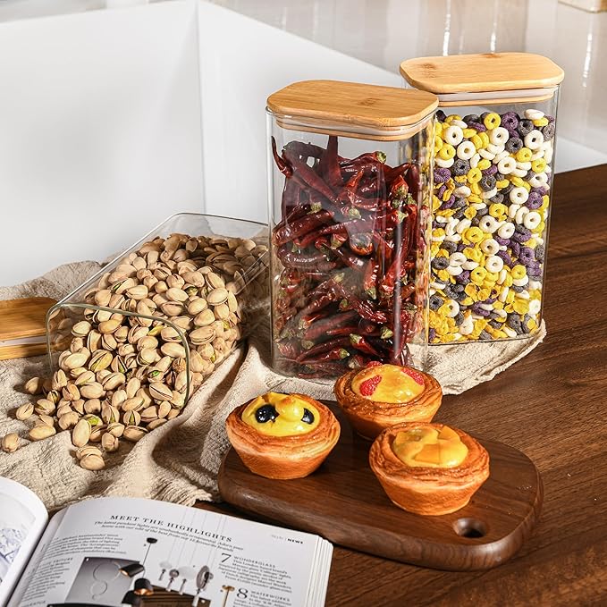 56oz Rectangle Airtight Glass Storage Containers with Bamboo Lids (Set of 4), Square Food Storage Jar, Pantry Organizers for Oats, Cereal, Pasta and Coffee beans (‎with Black Lable)