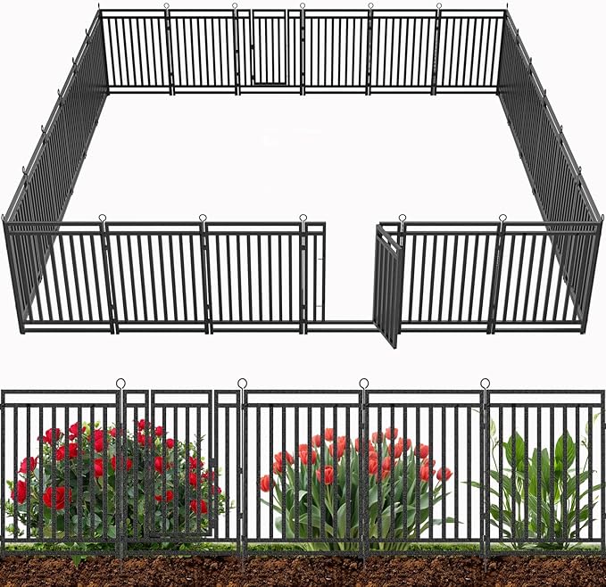 Decorative Garden Fence 54ft (L) × 40in (H), 21 Panels + 3 Gates, Metal Dog Fence Outdoor for Yard, Rust-Proof Animal Barrier Fencing for Patio & Flower Bed, Black-Silver