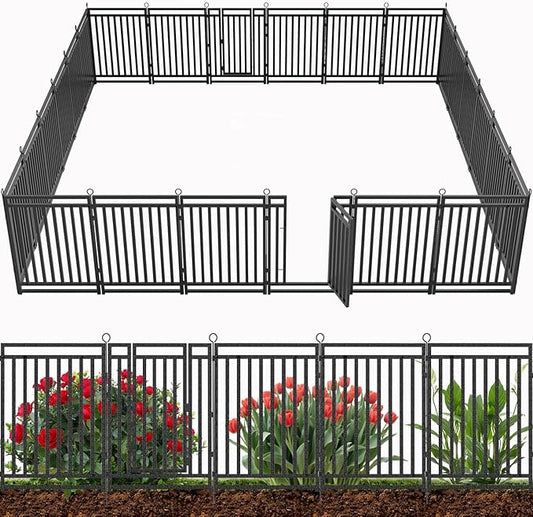 Decorative Garden Fence 54ft (L) × 40in (H), 21 Panels + 3 Gates, Metal Dog Fence Outdoor for Yard, Rust-Proof Animal Barrier Fencing for Patio & Flower Bed, Black-Silver