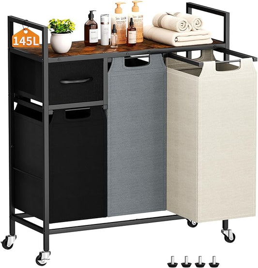 145L Laundry Hamper: Laundry sorter 3 Section - Laundry Room Organization and Storage with 4 Pull-Out Drawers, Removable Oxford Bags, Lockable Wheels & Sturdy Shelf for Home, Bathroom, Bedroom