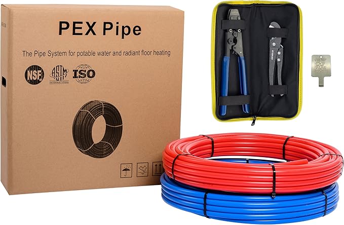 EFIELD Pex-b Pipe Tubing/Tool Combo Blue & Red 1/2 inch 2x 100 ft Rolls 200 Ft Length for with Pex Cinch Clamp Crimping Tool and Pipe Cutter In Heavy-Duty Canvas Bag,(E99KIT)
