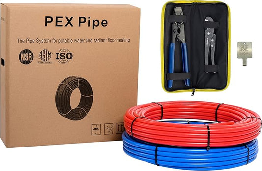 EFIELD Pex-b Pipe Tubing/Tool Combo Blue & Red 1/2 inch 2x 100 ft Rolls 200 Ft Length for with Pex Cinch Clamp Crimping Tool and Pipe Cutter In Heavy-Duty Canvas Bag,(E99KIT)