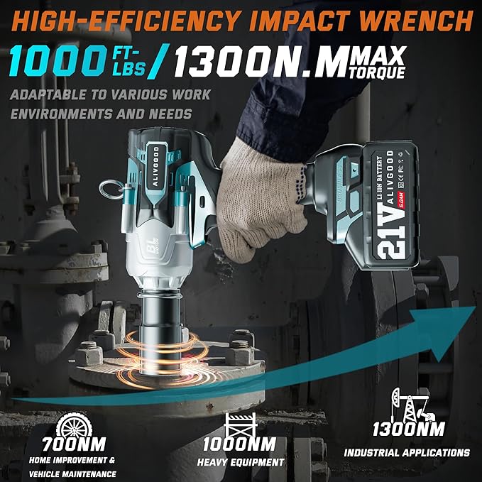 Upgrade 1300N.m/1000Ft-lbs Cordless Impact Wrench, 2x 5.0AH Battery, 1/2 Inch Electric Impact Gun, Fast Charger, Power Impact Wrench for Truck RV Heavy-duty with 5 Sockets(17mm,19mm,21mm,24mm,32mm)