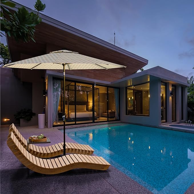 Midtown Umbrellas The LED Swilt 10 Feet Patio Umbrella With Sunbrella Infused Gem Acrylic Fabric - Auto-Tilt Aluminum Frame With LED Lights For Backyard, Deck, Garden, Pool - Black Pole