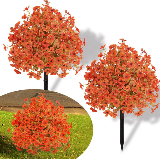 Set of 2 Artificial Fall Topiary Ball Flowers for Outdoor Decoration with Spike 20", UV Resistant Fake Autumn Floral Shrubs, Realistic Faux Bushes Plants for Garden,Yard,Porch and Patio Decor